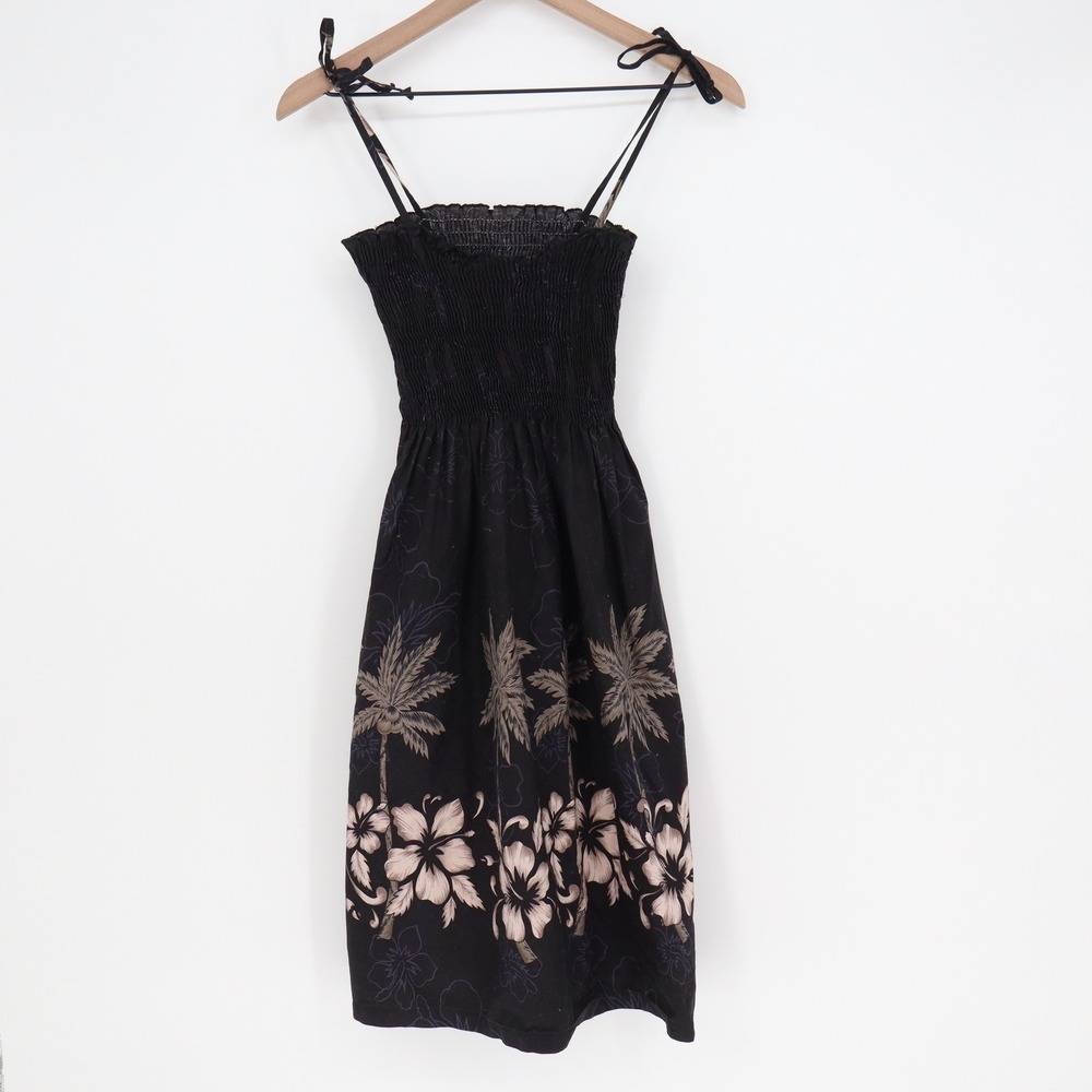 Vintage Made in Hawaii Black Tropical Palm Hibiscus Smocked Sun Dress Large L